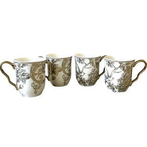222 Fifth ADELAIDE GOLD Mugs 12oz Coffee Tea Cup Floral Bird Set of 4 New